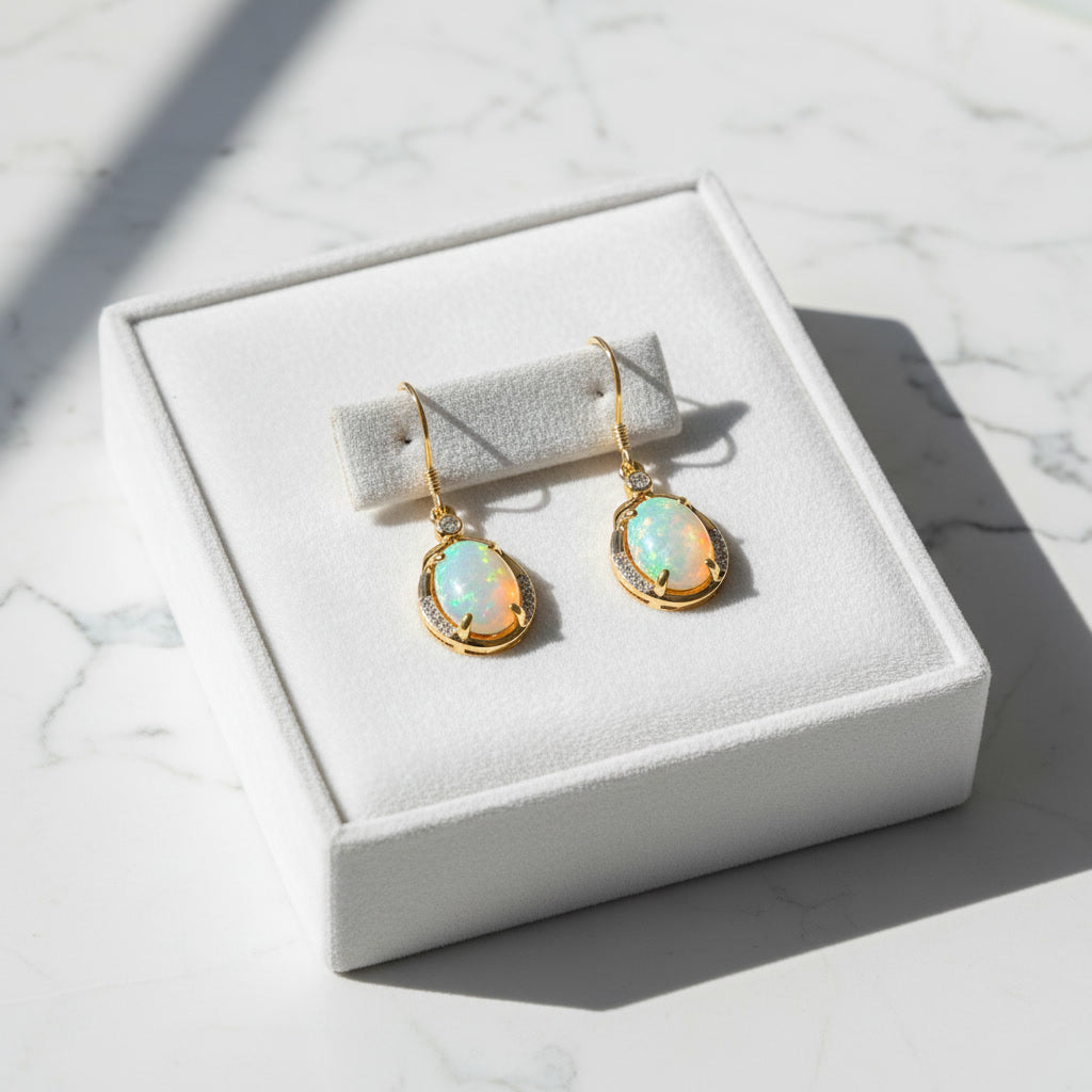Natural Fire Opal Dangle Earrings, Colorful Large Fire Opal Earrings 7x9mm