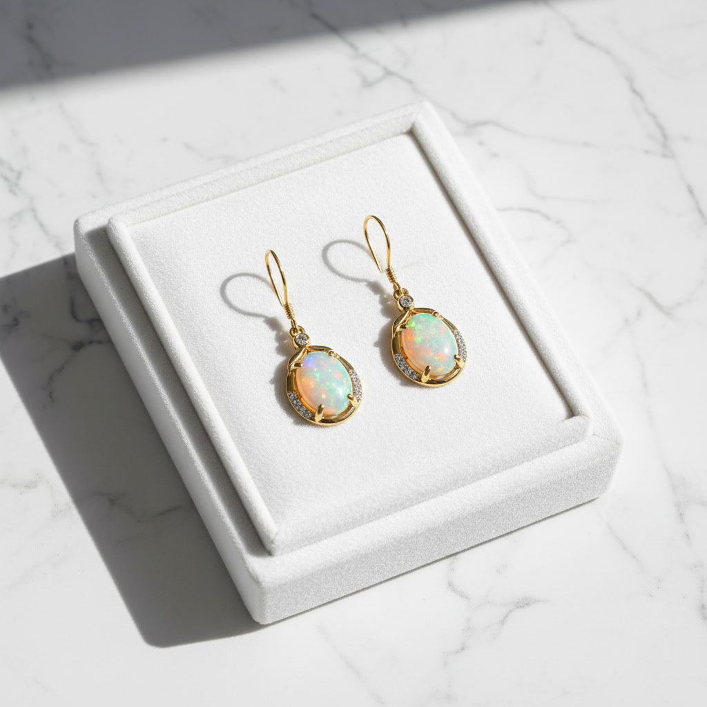 Natural Fire Opal Dangle Earrings, Colorful Large Fire Opal Earrings 7x9mm