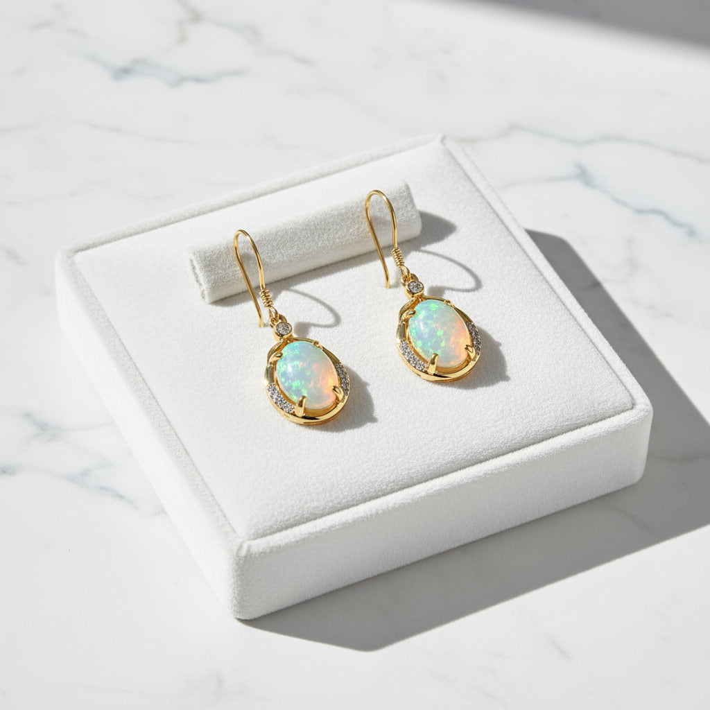 Natural Fire Opal Dangle Earrings, Colorful Large Fire Opal Earrings 7x9mm