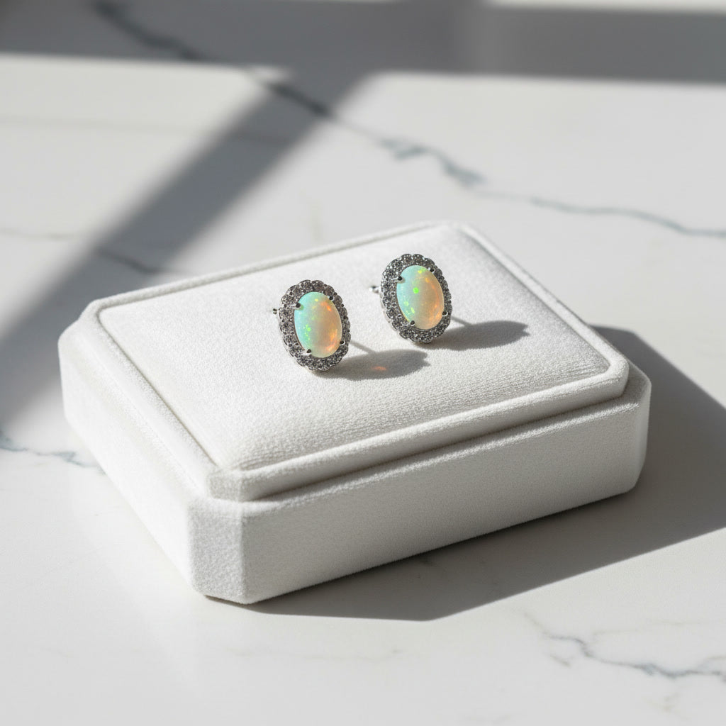 Colorful Fire Opal Stud Earrings, Australian Opal Stud Earrings Sterling 6x8mm