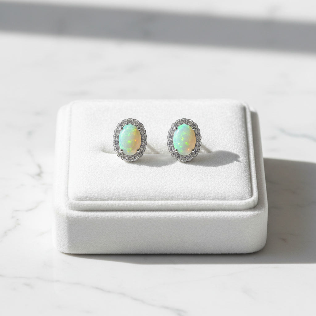 Colorful Fire Opal Stud Earrings, Australian Opal Stud Earrings Sterling 6x8mm