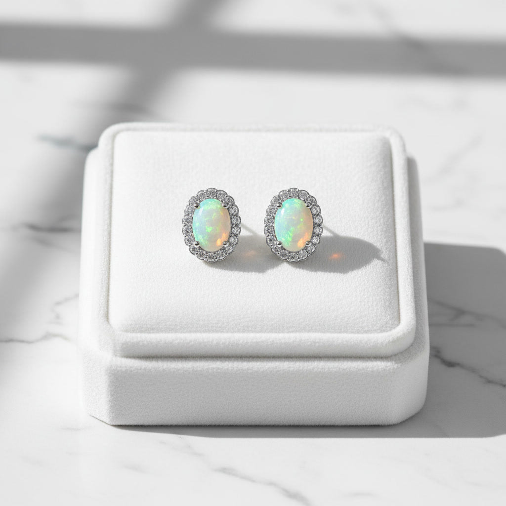 Colorful Fire Opal Stud Earrings, Australian Opal Stud Earrings Sterling 6x8mm