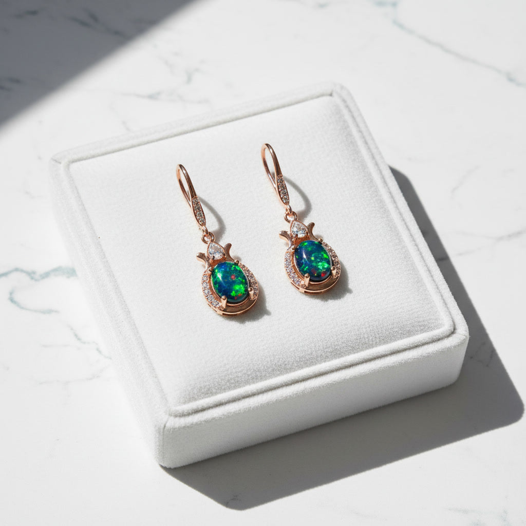 Natural Black Fire Opal Dangle Earrings, Fire Opal Earrings Earrings 6x8mm