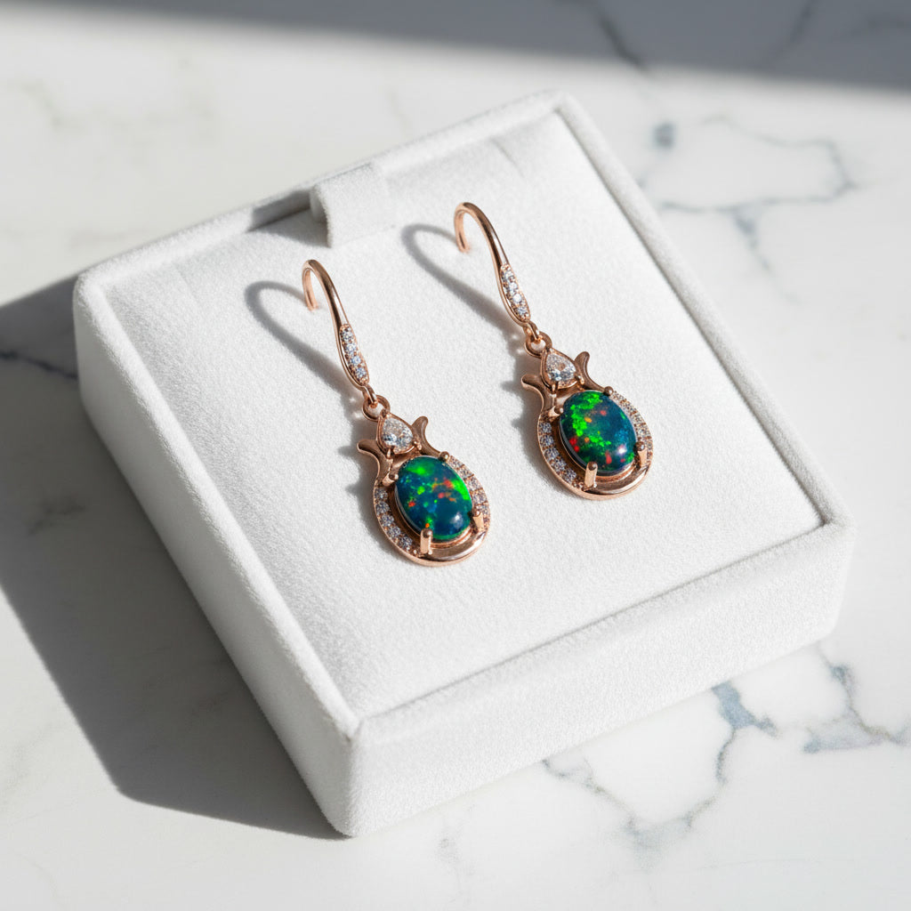 Natural Black Fire Opal Dangle Earrings, Fire Opal Earrings Earrings 6x8mm