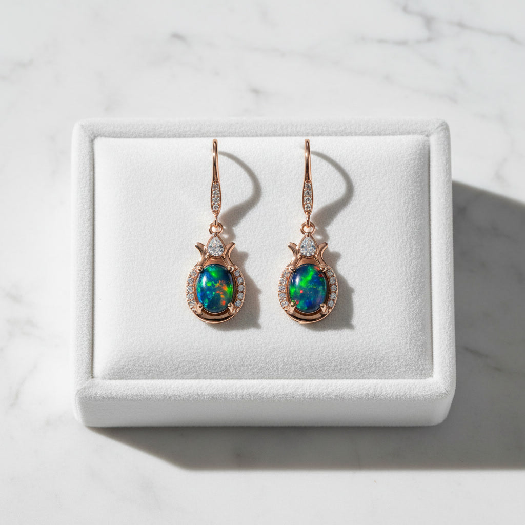 Natural Black Fire Opal Dangle Earrings, Fire Opal Earrings Earrings 6x8mm