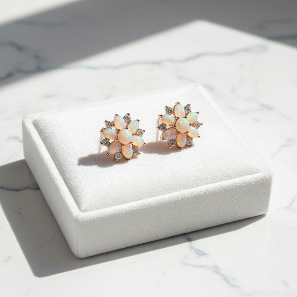 Fire Opal Cluster Stud Earrings, Natural Opal Earrings Sterling Silver Gold