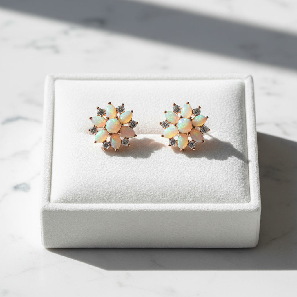 Fire Opal Cluster Stud Earrings, Natural Opal Earrings Sterling Silver Gold