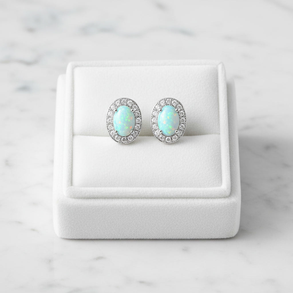 White Fire Opal Stud Earrings, Natural Opal 4x6mm Stud Earrings Sterling Silver