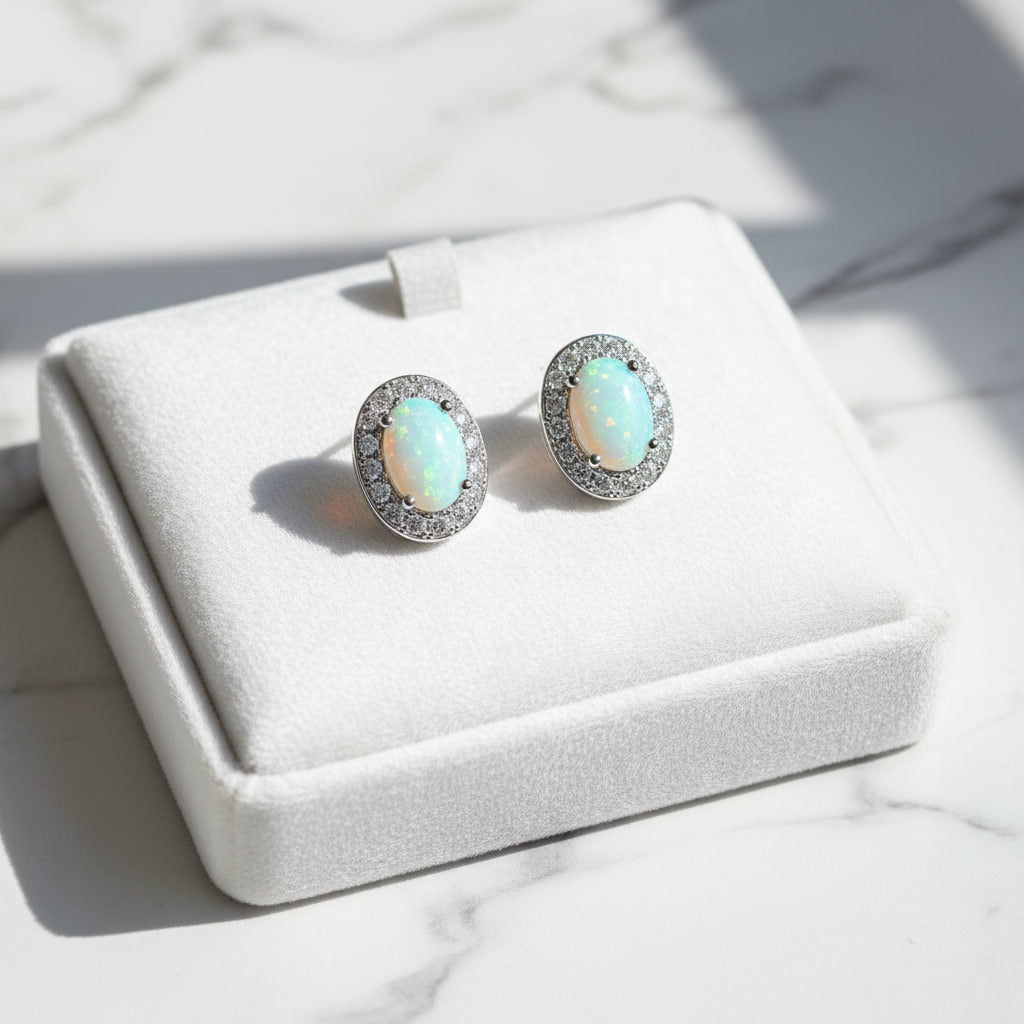 White Fire Opal Stud Earrings, Natural Opal 4x6mm Stud Earrings Sterling Silver