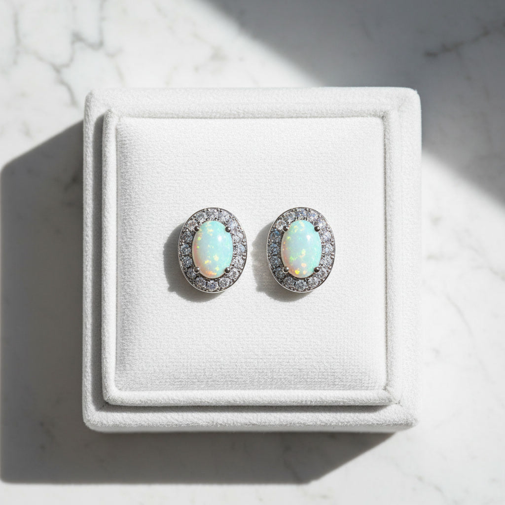 White Fire Opal Stud Earrings, Natural Opal 4x6mm Stud Earrings Sterling Silver