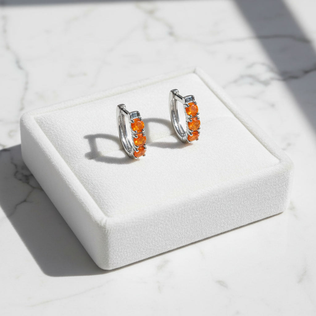 Orange Fire Opal Hoop Earrings 3mm 925 Sterling Silver