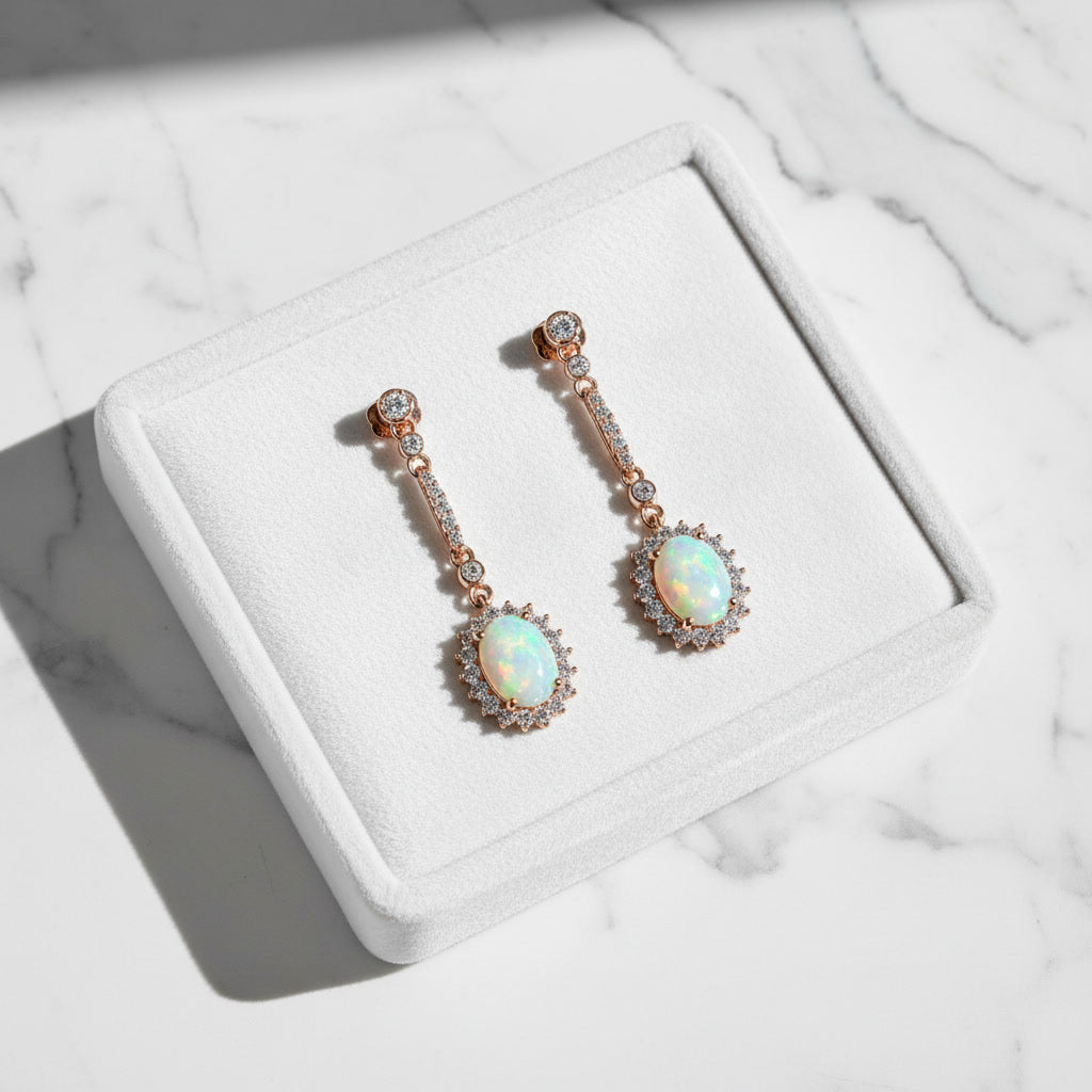 White Fire Opal Dangle Earrings, Fire Opal Drop Earrings, Natural Opal Earrings