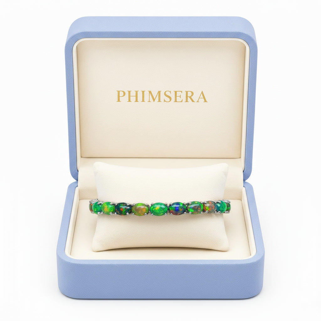 Black Fire Opal Tennis Bracelet, Colorful Opal Bracelet 925 Sterling Silver
