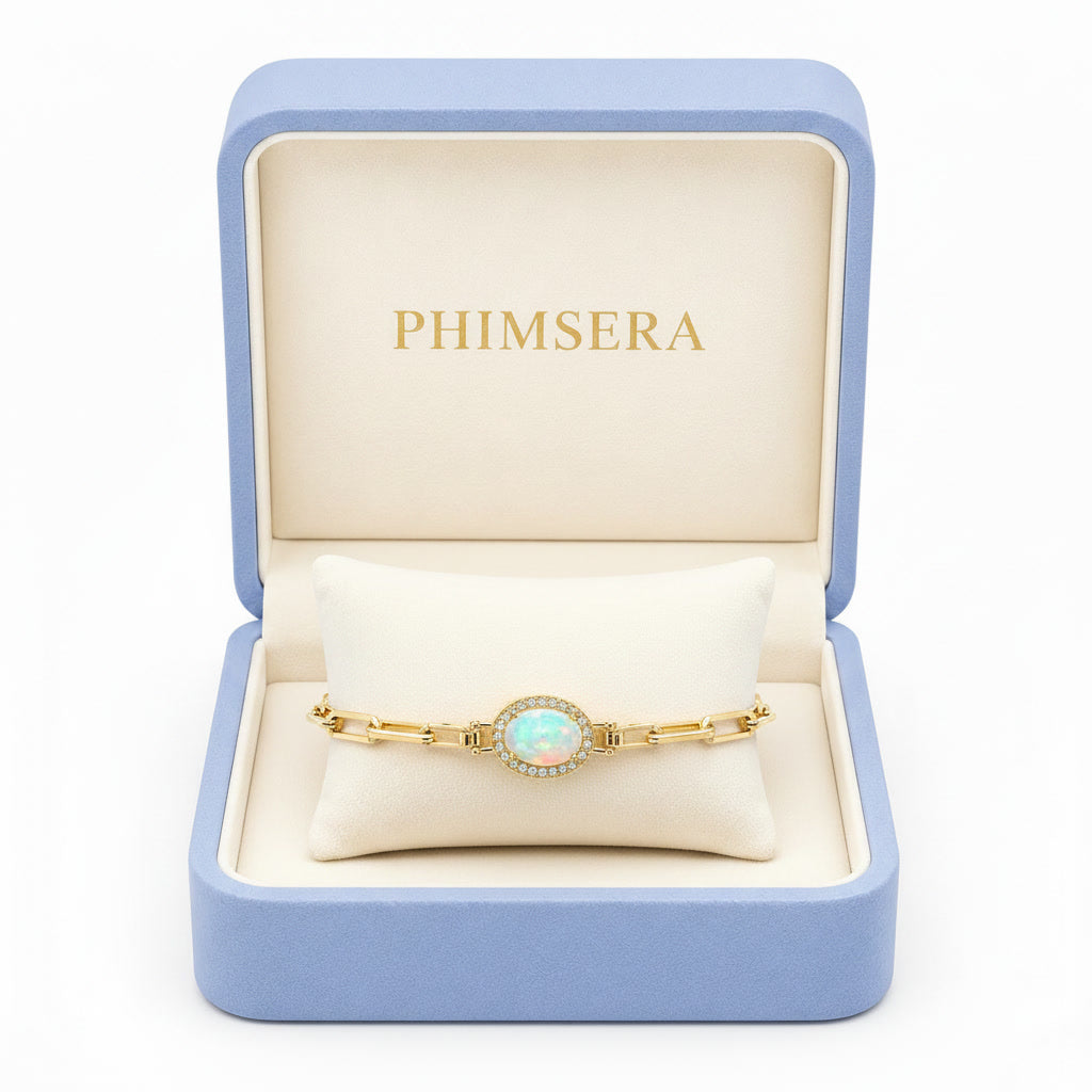 Natural 6x8mm Fire Opal Paperclip Chain Bracelet in Gold Plated 925 Sterling Silver on White Background