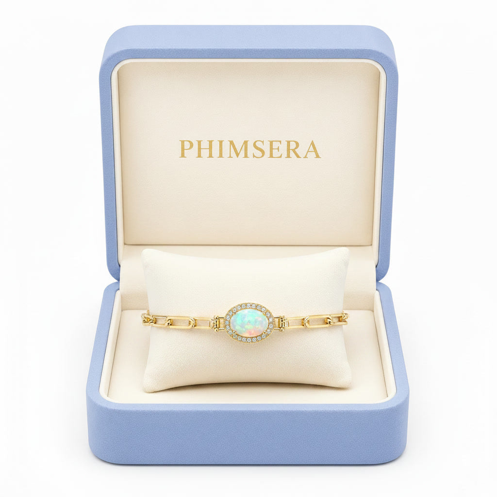 Natural 6x8mm Fire Opal Paperclip Chain Bracelet in Gold Plated 925 Sterling Silver on White Background