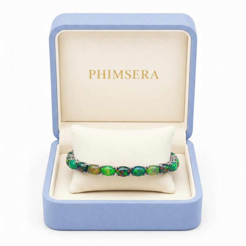 Black Fire Opal Tennis Bracelet, Colorful Opal Bracelet 925 Sterling Silver