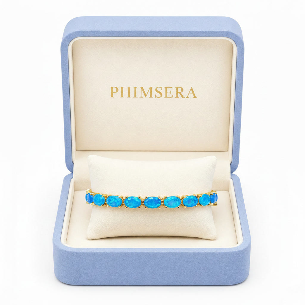 Premium Natural Blue Fire Opal bracelet presented in a luxury Phimsera gift box.