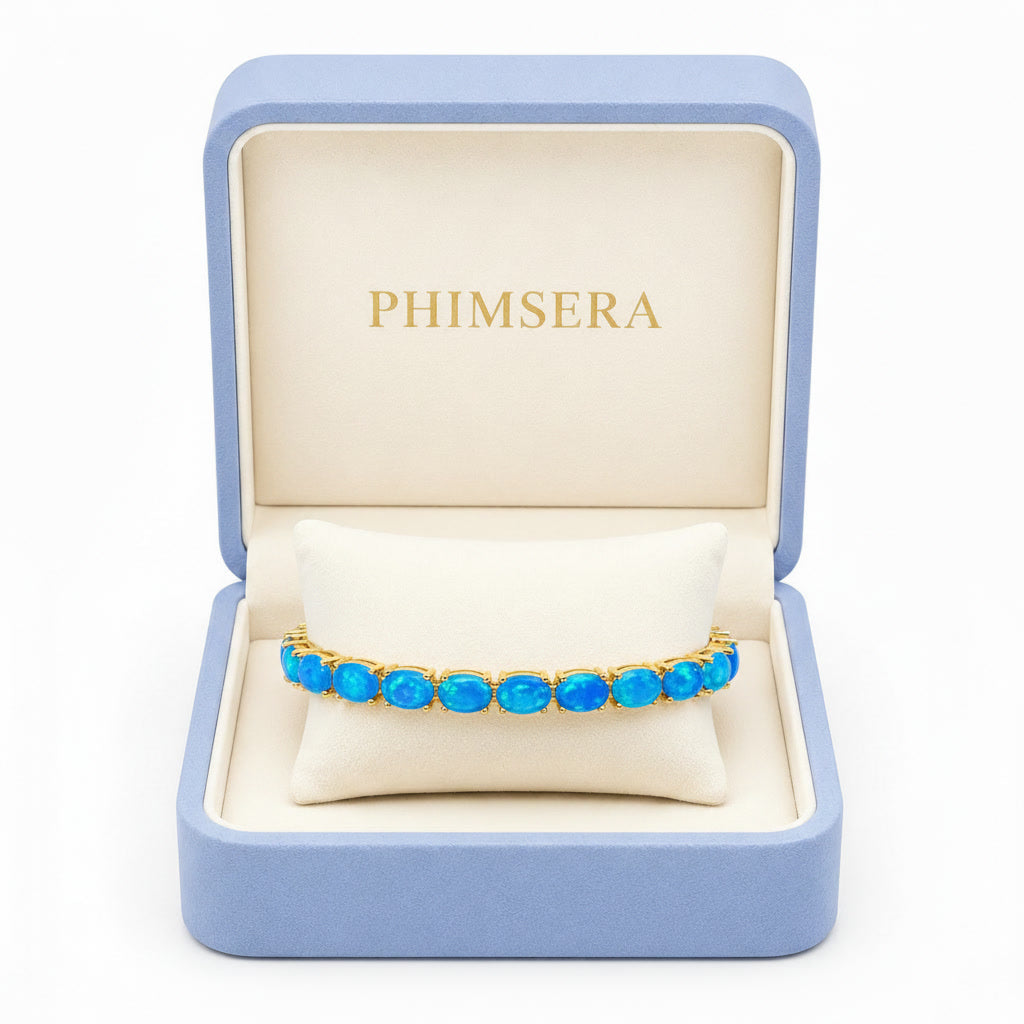 Premium Natural Blue Fire Opal bracelet presented in a luxury Phimsera gift box.