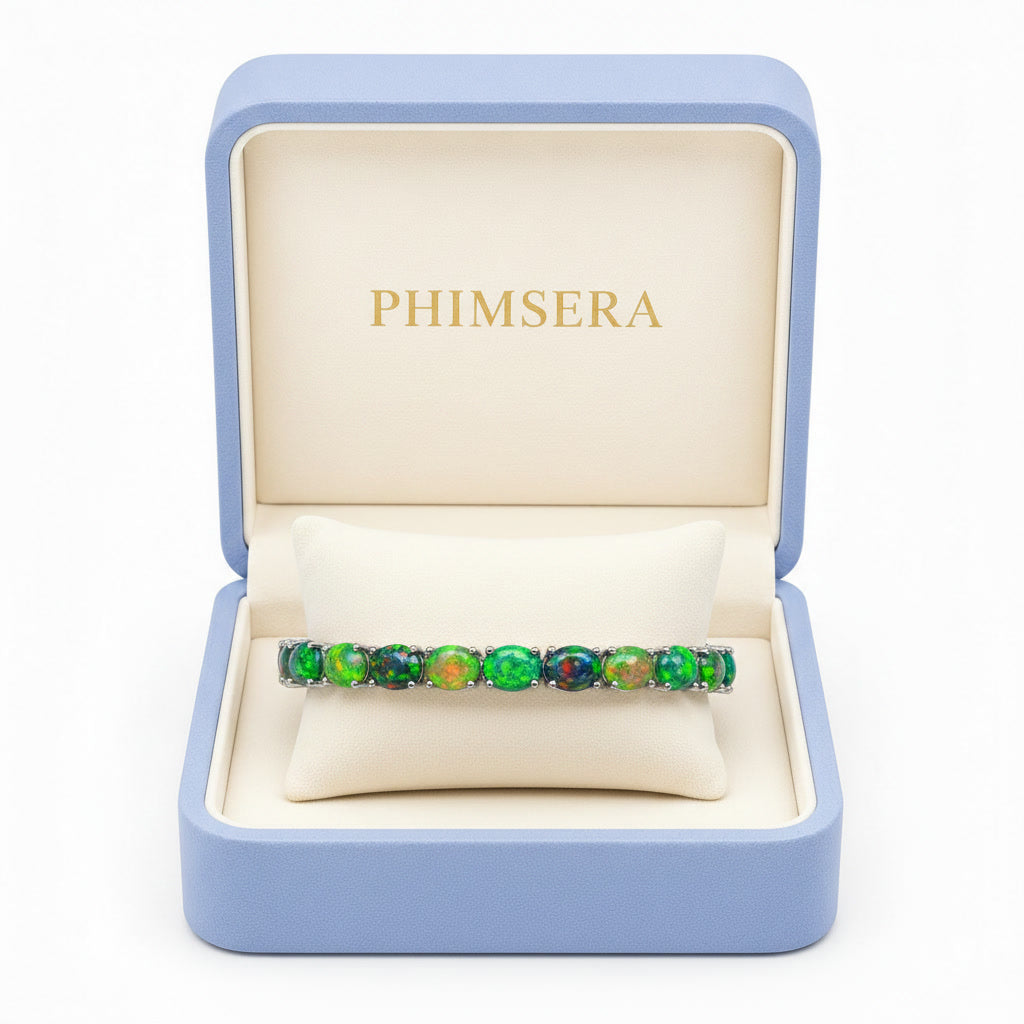 Black Fire Opal Tennis Bracelet, Colorful Opal Bracelet 925 Sterling Silver