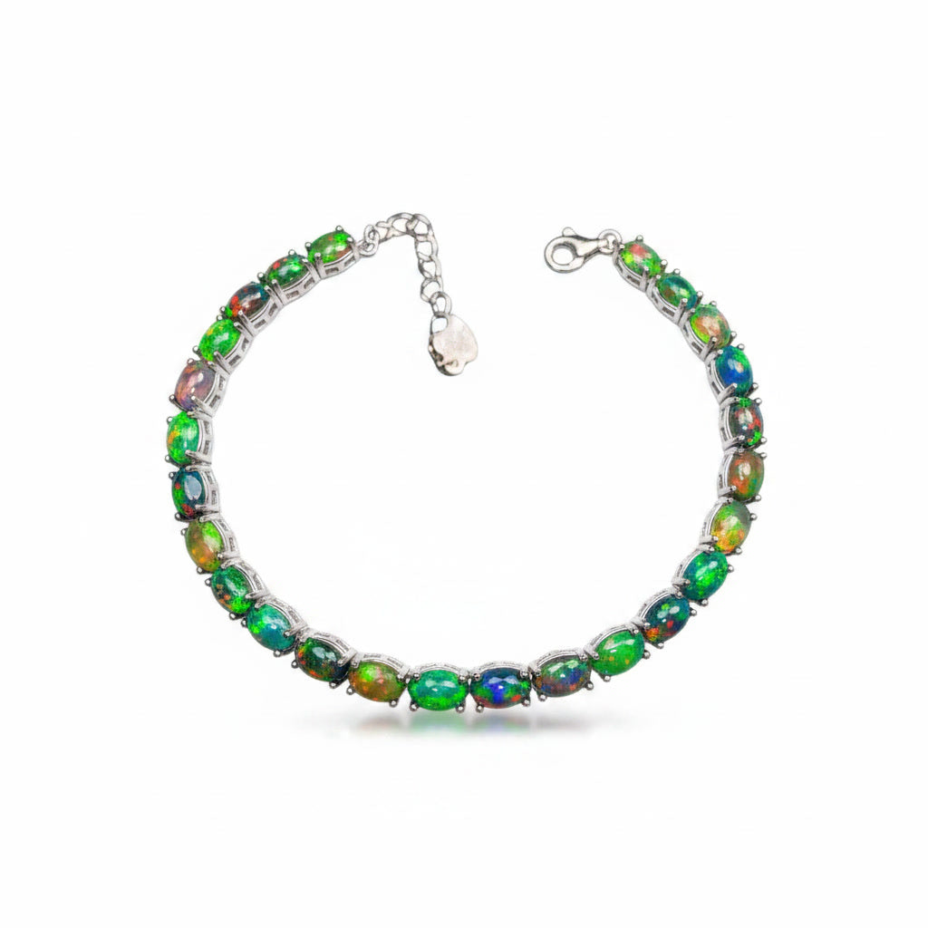 Black Fire Opal Tennis Bracelet, Colorful Opal Bracelet 925 Sterling Silver