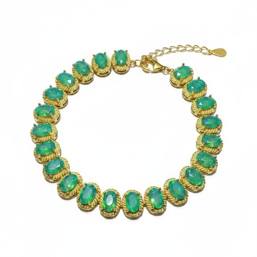 Natural Green Fire Opal Gemstone Bracelet, Fire Opal Tennis Bracelet Green 4x6mm