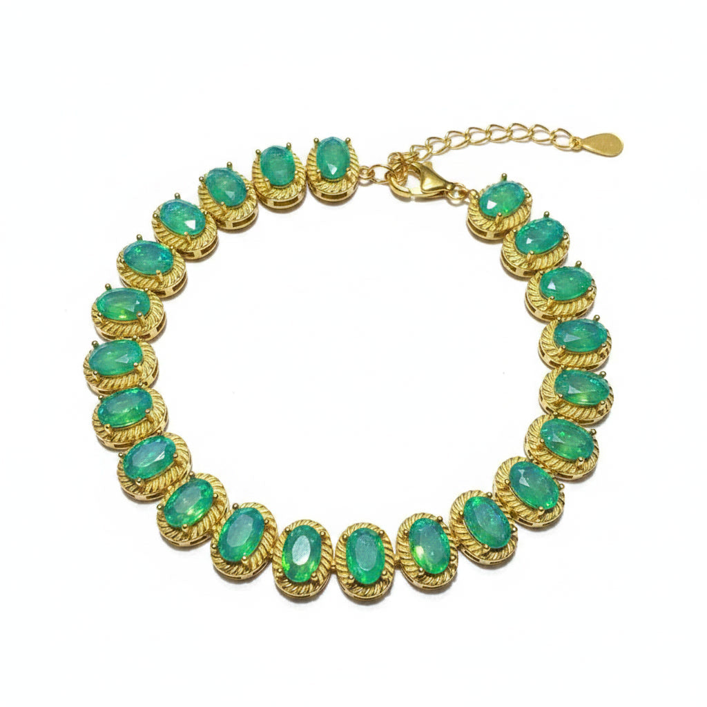 Natural Green Fire Opal Gemstone Bracelet, Fire Opal Tennis Bracelet Green 4x6mm