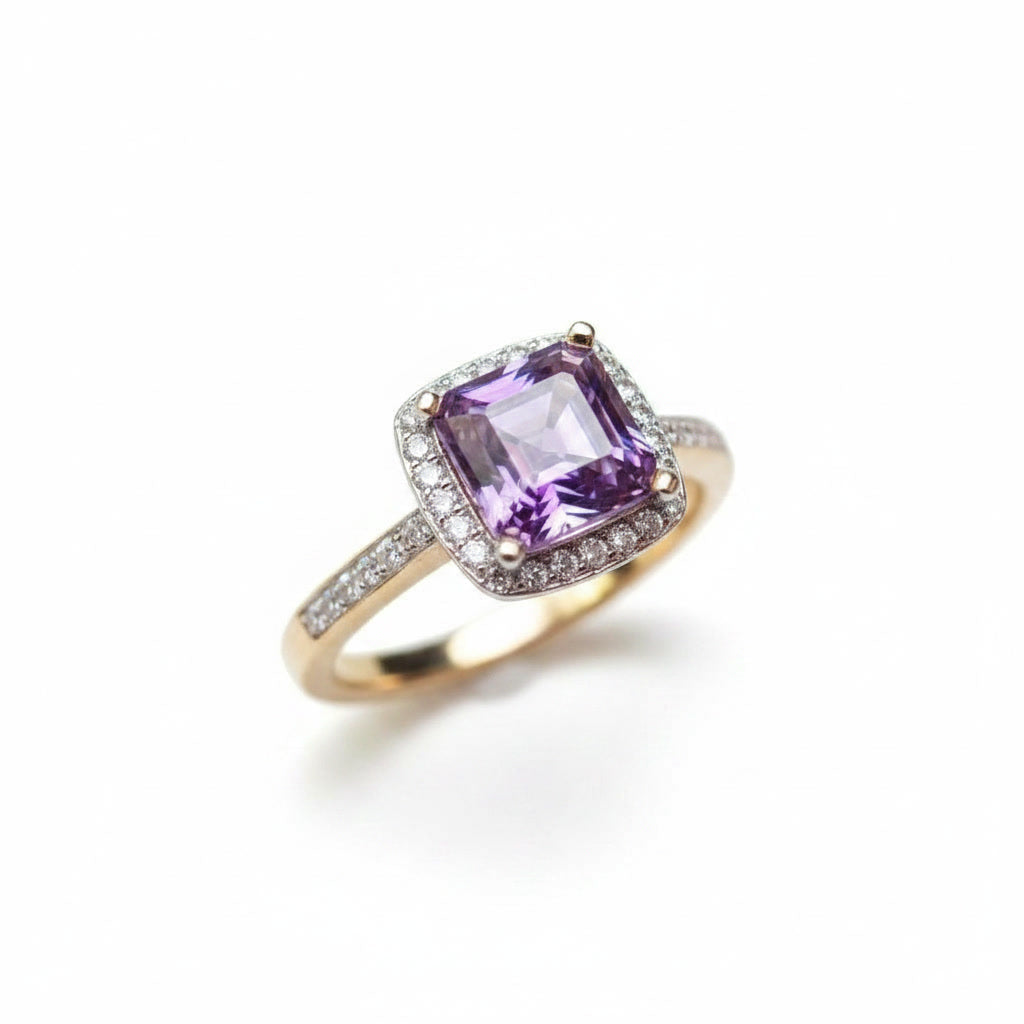 Purple Asscher cut moissanite halo ring featuring a 6×6mm lab-created center stone surrounded by sparkling cubic zirconia in sterling silver.