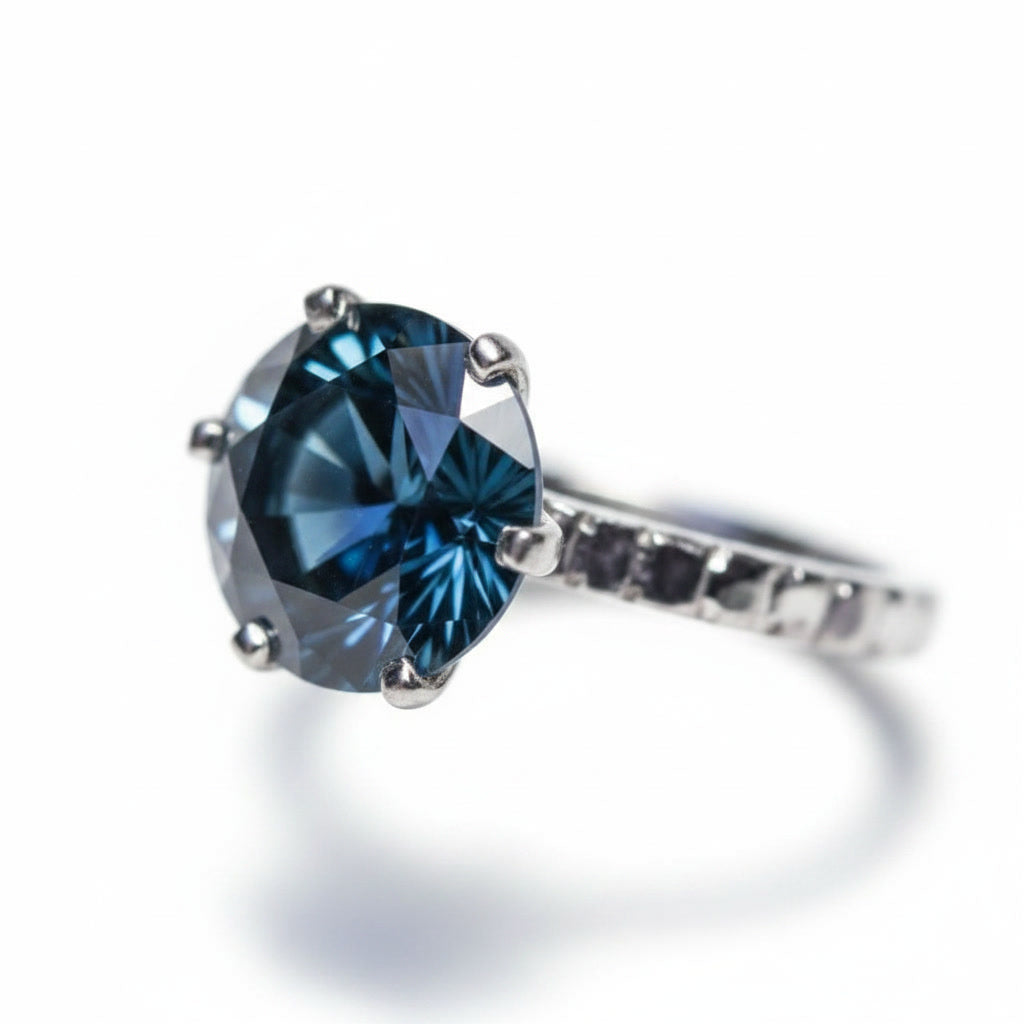 2 carat dark blue round moissanite solitaire ring in platinum plated 925 sterling silver on a white background