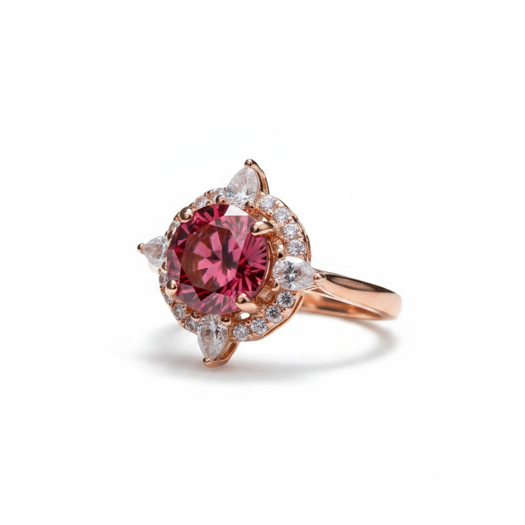 1 carat 6.5mm round raspberry red moissanite flower halo ring in rose gold plated sterling silver with cubic zirconia accents on a white background