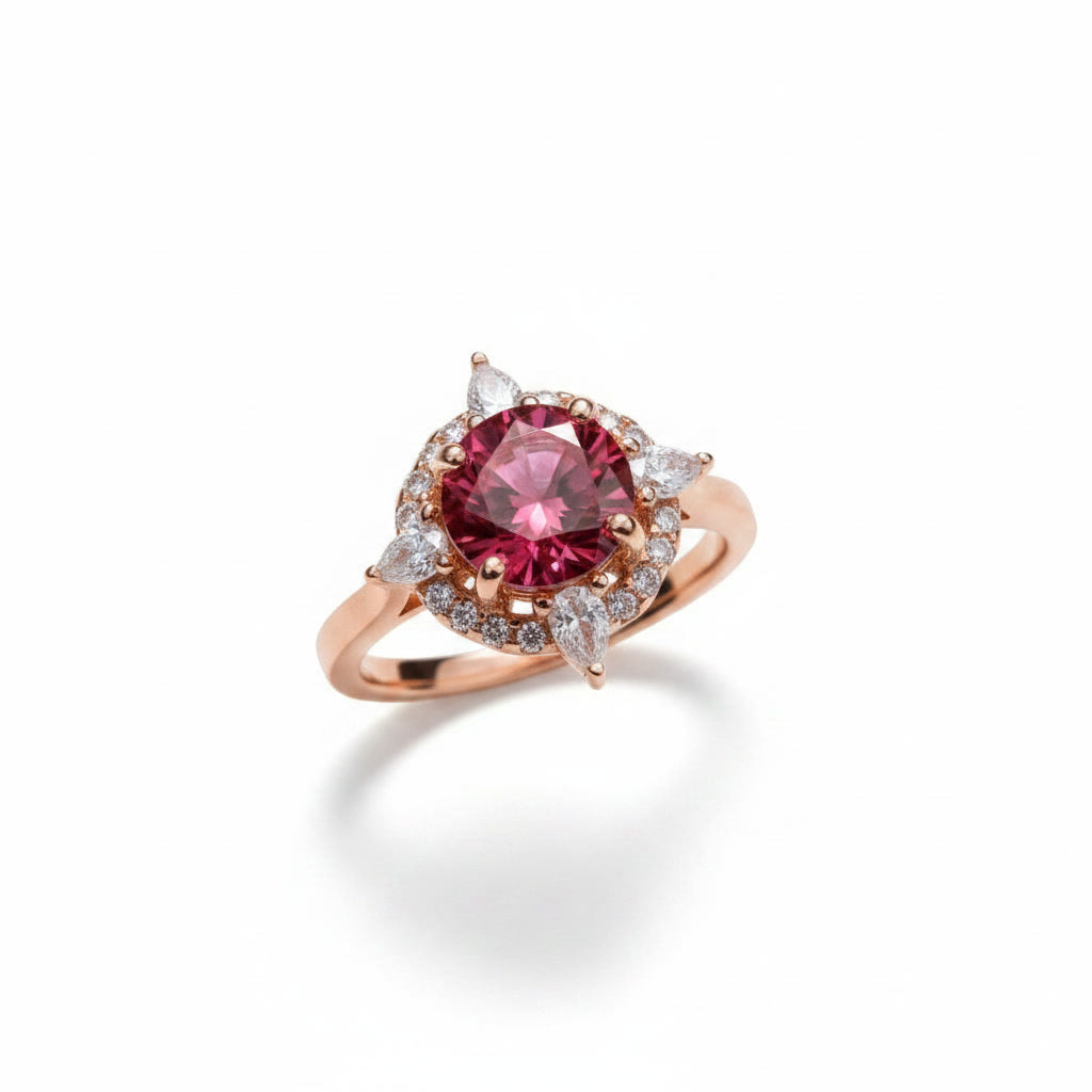 1 carat 6.5mm round raspberry red moissanite flower halo ring in rose gold plated sterling silver with cubic zirconia accents on a white background