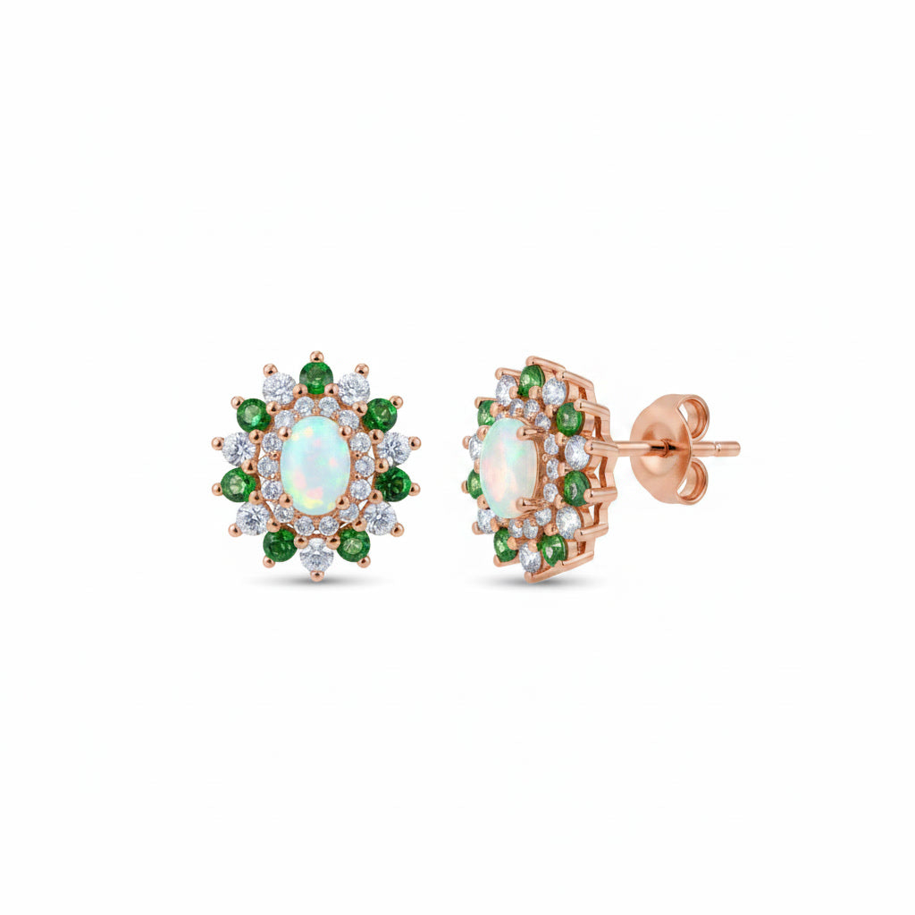White Fire Opal and Chrome Diopside Flower Stud Earrings