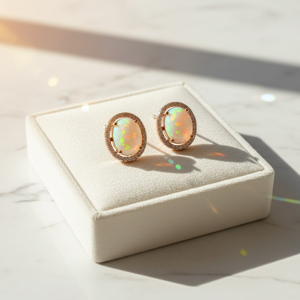 Australian Fire Opal Stud Earrings 8x10mm 925 Sterling Silver