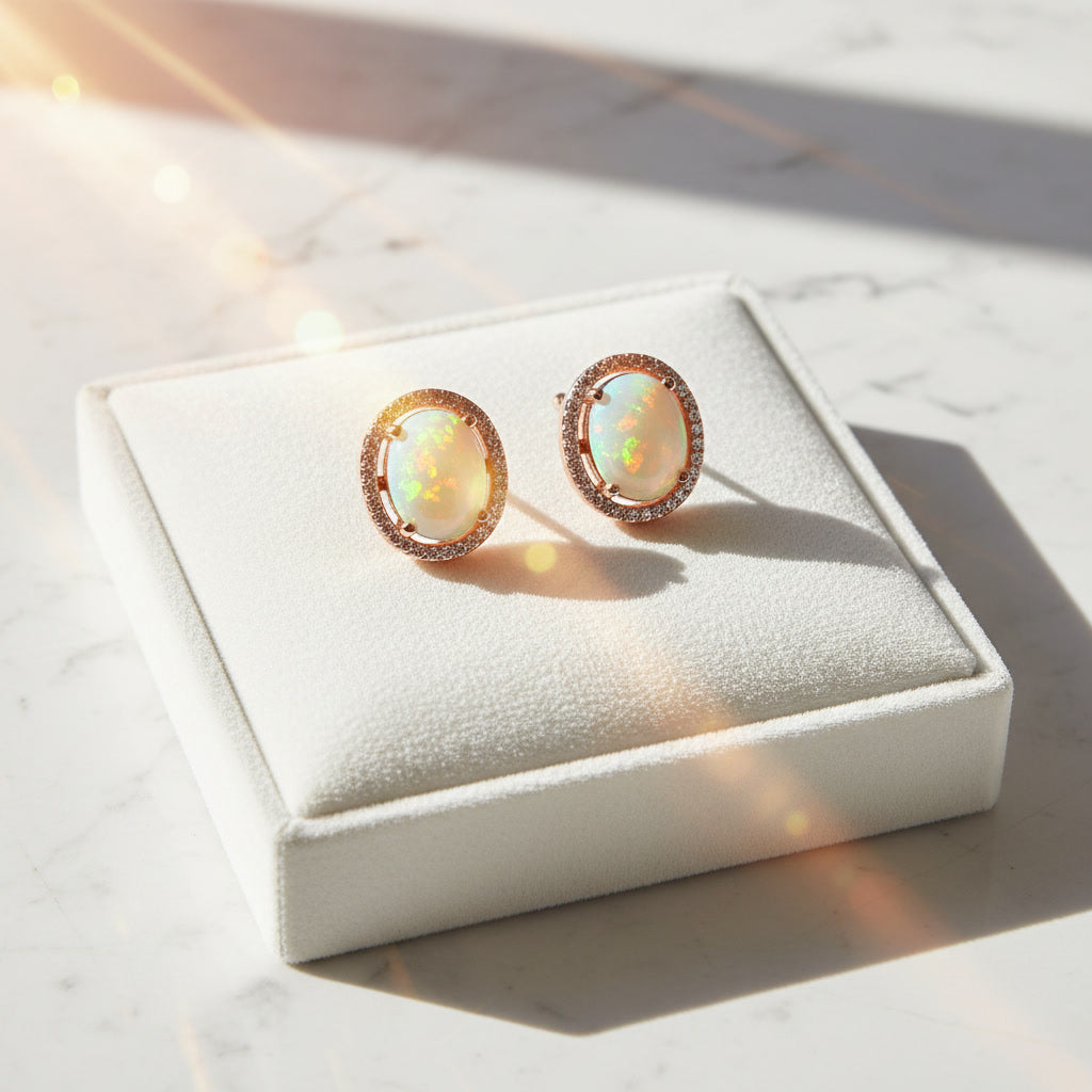 Australian Fire Opal Stud Earrings 8x10mm 925 Sterling Silver