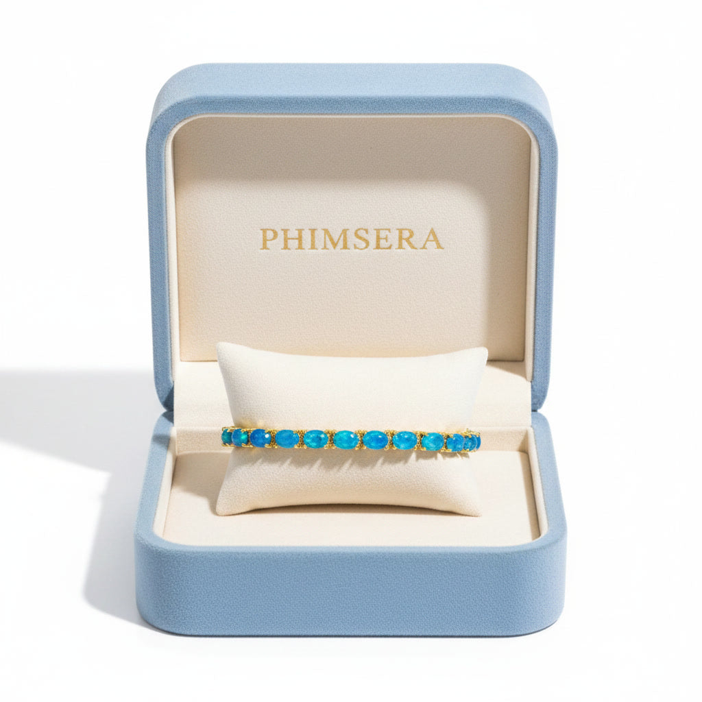 Blue Opal Women's Bracelet, Natural Blue Fire Opal Tennis Bracelet 4x6mm