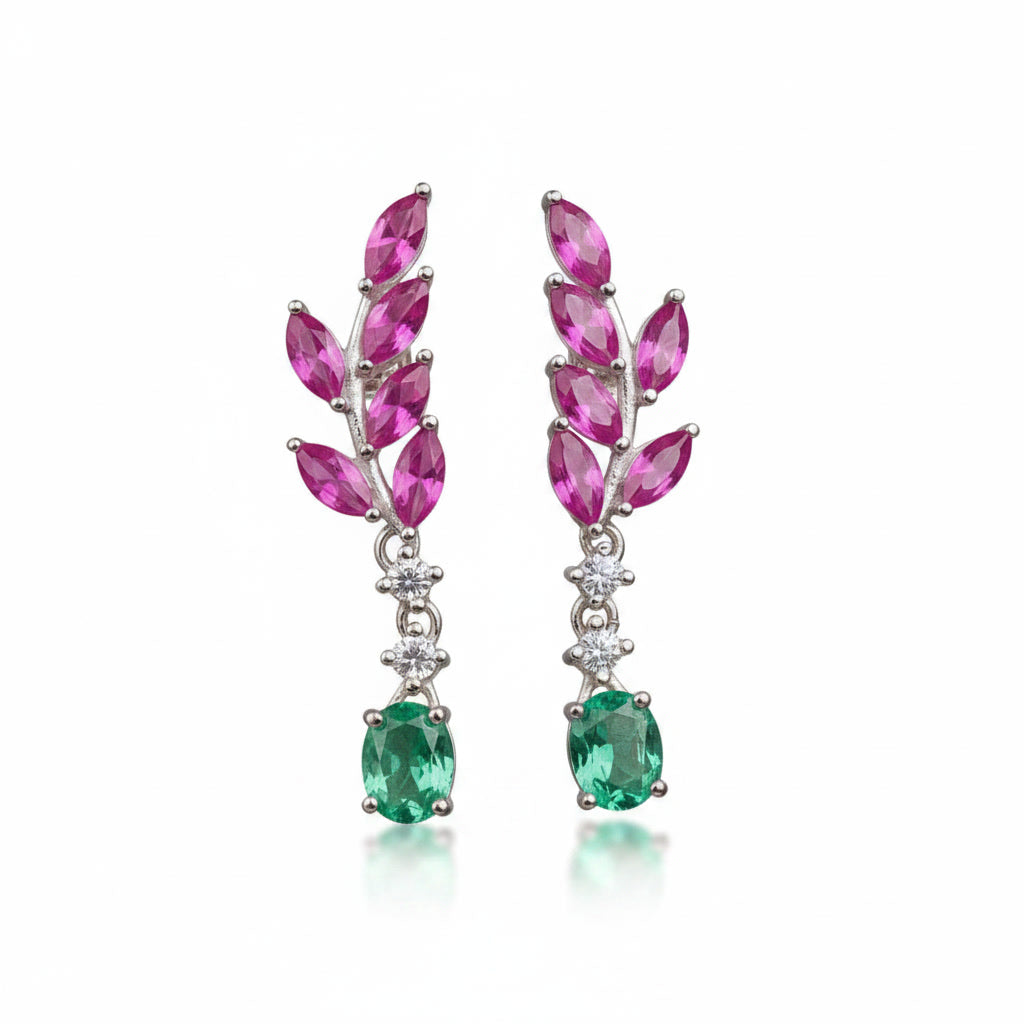 Colombian Emerald and Burma Ruby Leaf Earrings, Emerald and Ruby Stud Earrings