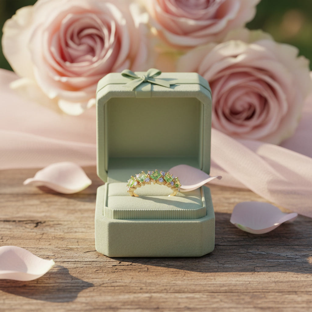 Natural Peridot Wedding Band Ring featuring five kite-cut genuine peridot gemstones with sparkling cubic zirconia accents in solid 925 sterling silver.