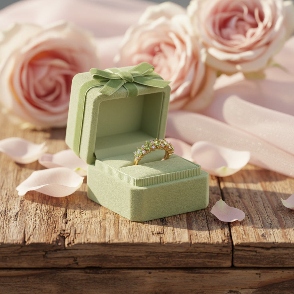 Natural Peridot Wedding Band Ring featuring five kite-cut genuine peridot gemstones with sparkling cubic zirconia accents in solid 925 sterling silver.