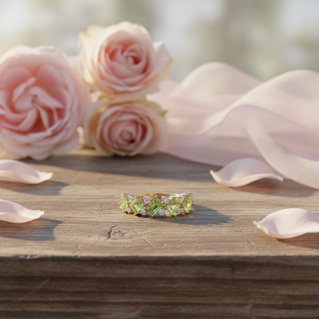 Natural Peridot Wedding Band Ring featuring five kite-cut genuine peridot gemstones with sparkling cubic zirconia accents in solid 925 sterling silver.