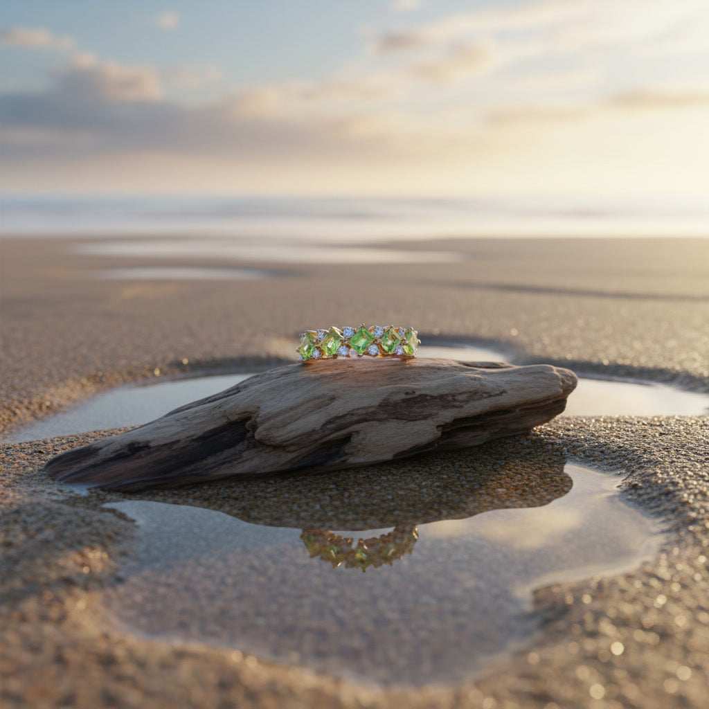 Natural Peridot Wedding Band Ring featuring five kite-cut genuine peridot gemstones with sparkling cubic zirconia accents in solid 925 sterling silver.