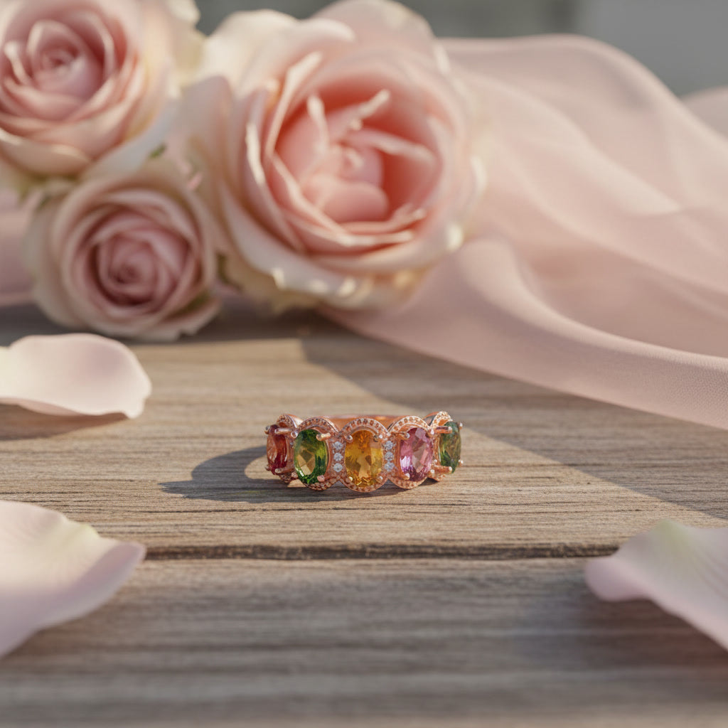 Natural Multi Tourmaline Statement Ring with 4x6mm oval colorful gemstones and cubic zirconia accents in 925 sterling silver with platinum plated finish by PHIMSERA