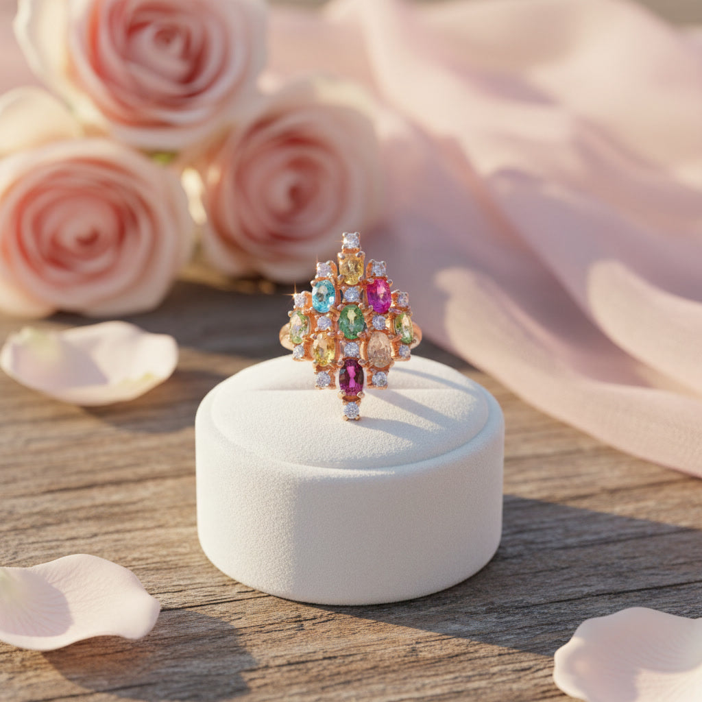 Natural Multi Tourmaline Cluster Statement Ring with 3x4mm colorful gemstones and cubic zirconia accents in 925 sterling silver with platinum plated finish by PHIMSERA