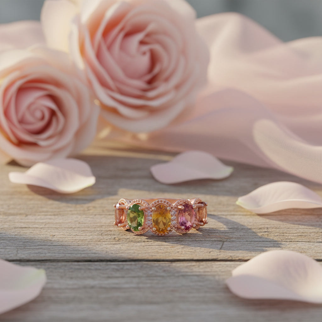 Natural Multi Tourmaline Statement Ring with 4x6mm oval colorful gemstones and cubic zirconia accents in 925 sterling silver with platinum plated finish by PHIMSERA