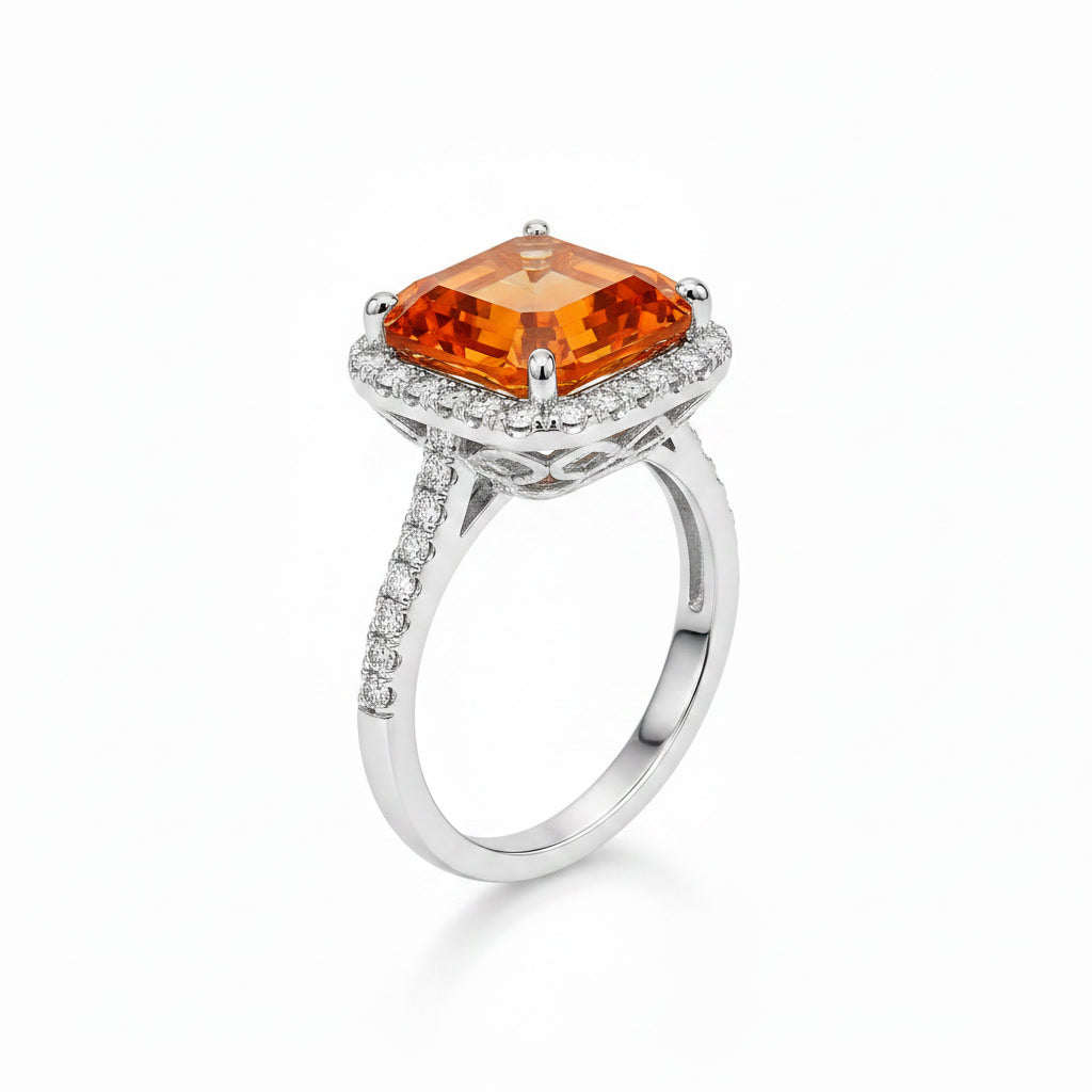 Natural 10mm Asscher cut citrine halo ring shown at 45 degree angle