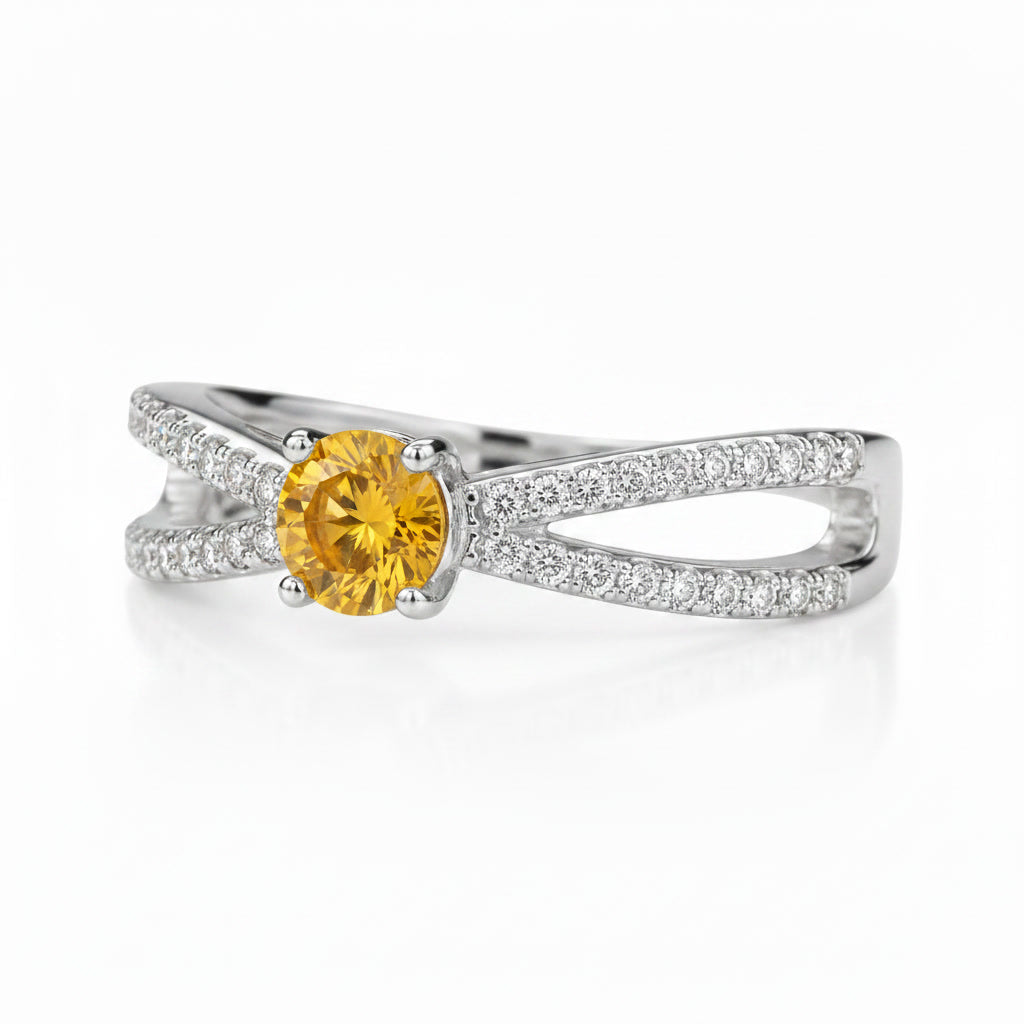 Natural round citrine crossover gemstone ring shown at 45 degree angle