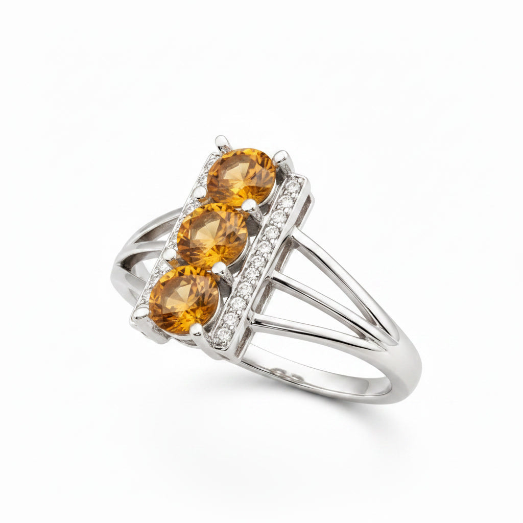 Natural 5mm three stone citrine ring shown at 45 degree angle
