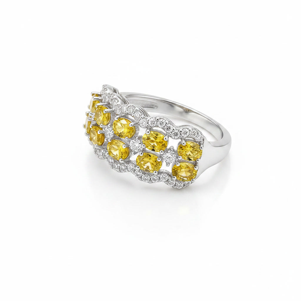 Natural 3x4mm citrine double row gemstone ring shown at 45 degree angle