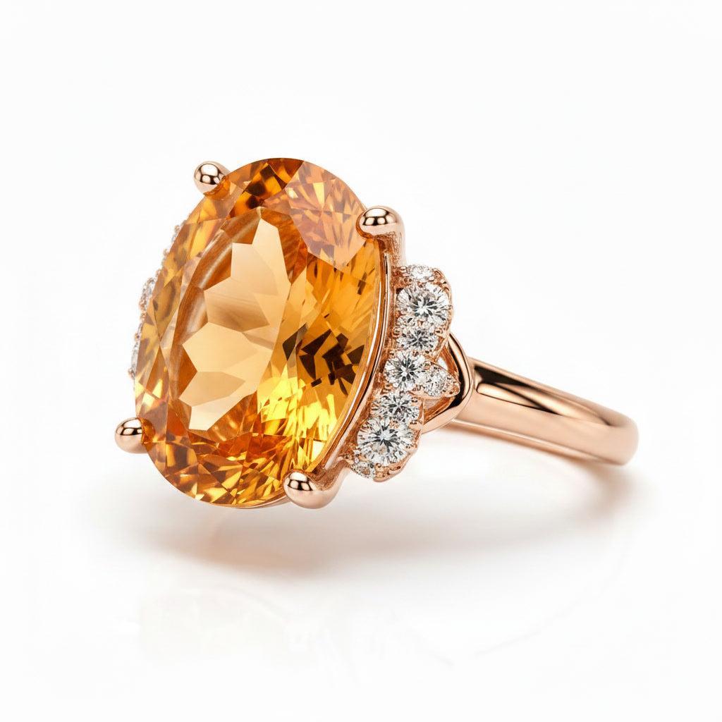 Natural 10x14mm oval citrine statement ring shown at 45 degree angle