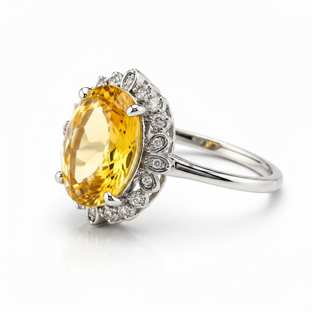 Natural 10x14mm oval citrine halo ring shown at 45 degree angle