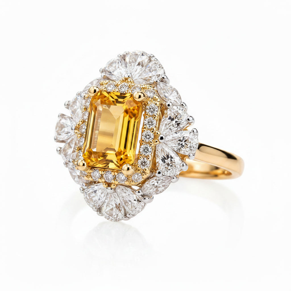 Natural 5x7mm emerald cut citrine floral statement ring shown at 45 degree angle