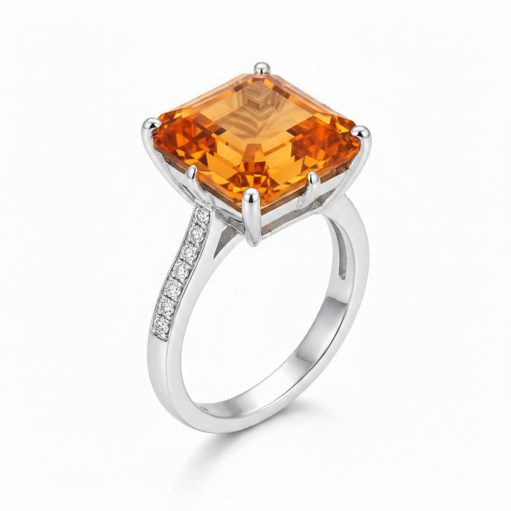 Large natural Asscher cut citrine gemstone ring shown at 45 degree angle